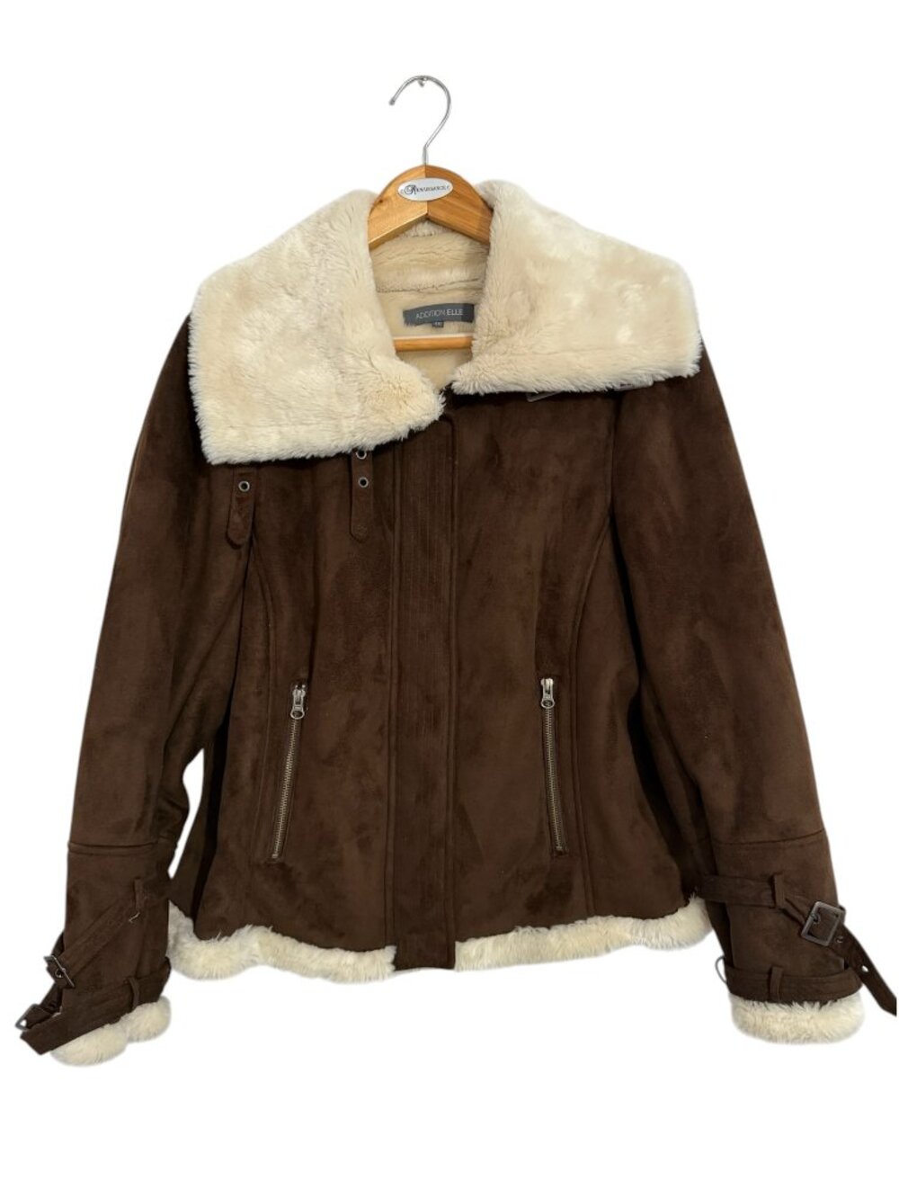 Addition Elle Brown Faux Suede Faux Shearling Buckle Collar Jacket 1X
